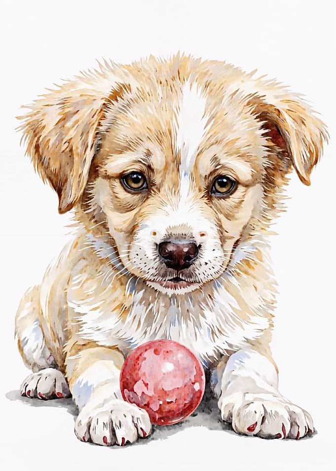 Watercolor Puppy with Ball