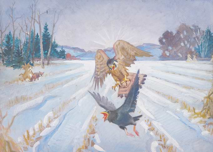 Eagle and Crow in Winter Landscape