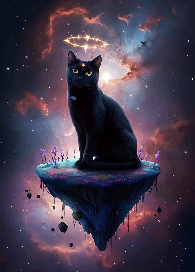 Celestial Black Cat on Floating Island
