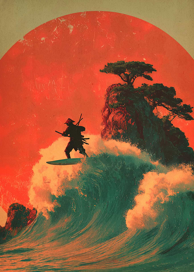 Samurai Surfer on a Wave