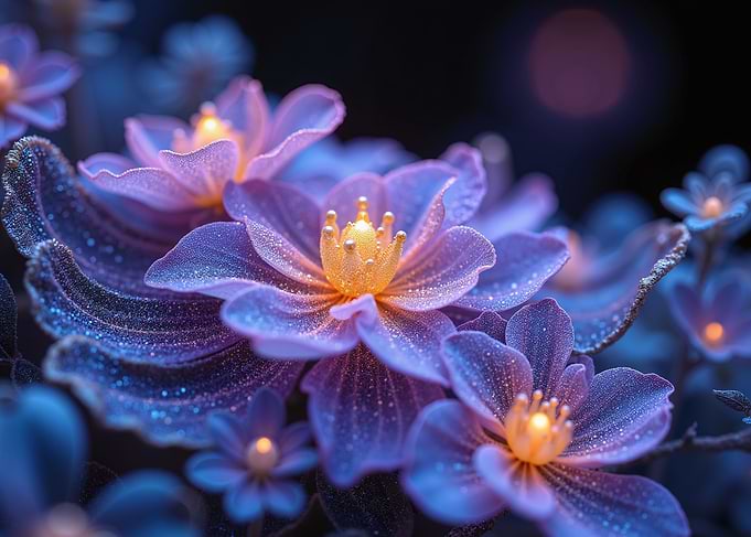 Glowing Purple Flowers with Golden Centers