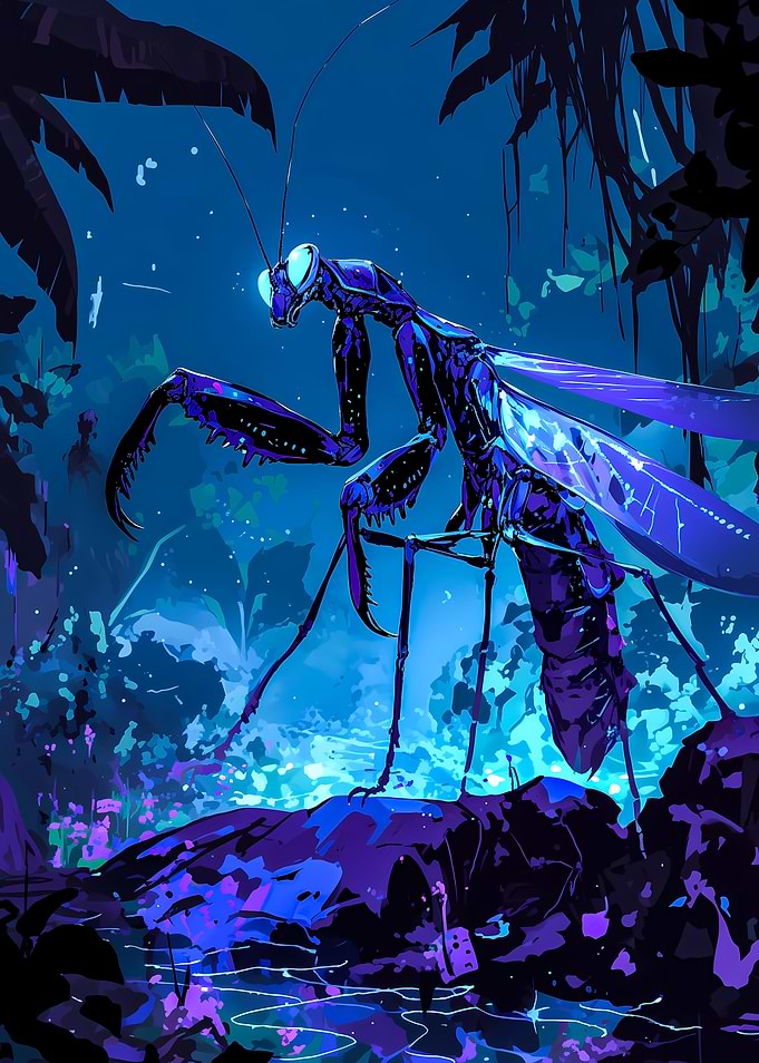 Giant Mantis in a Blue Jungle