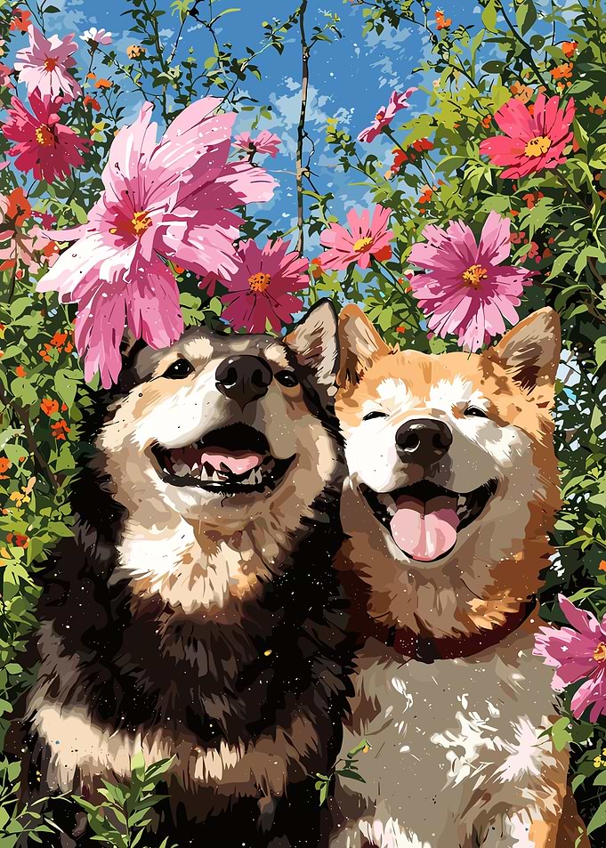 Two Happy Dogs in Flower Garden