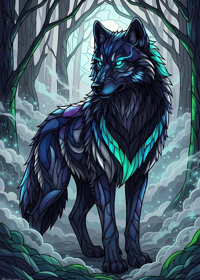 Mystical Wolf in Forest Digital Art