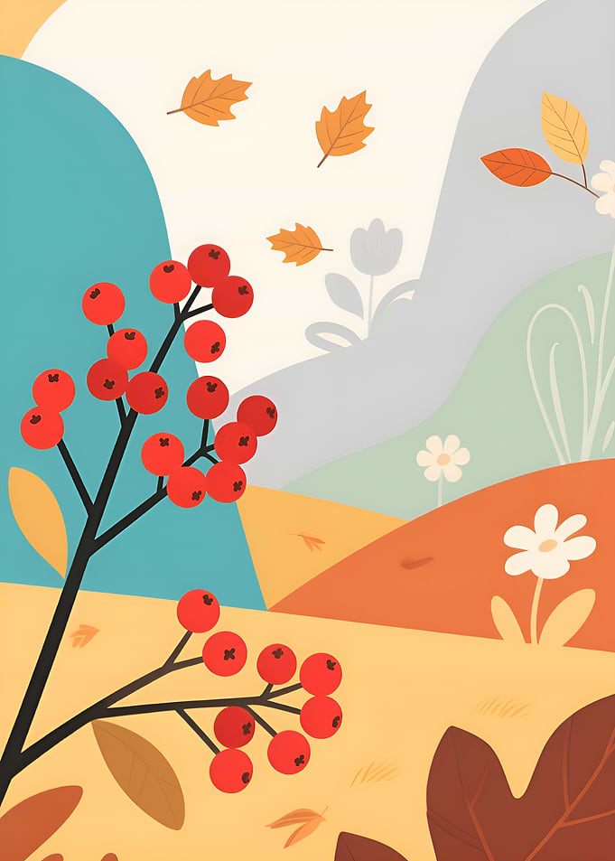 Autumn Landscape with Berries and Leaves