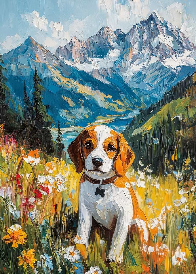 Beagle Dog in Mountain Meadow Painting | Scenic Mountain Dog Art