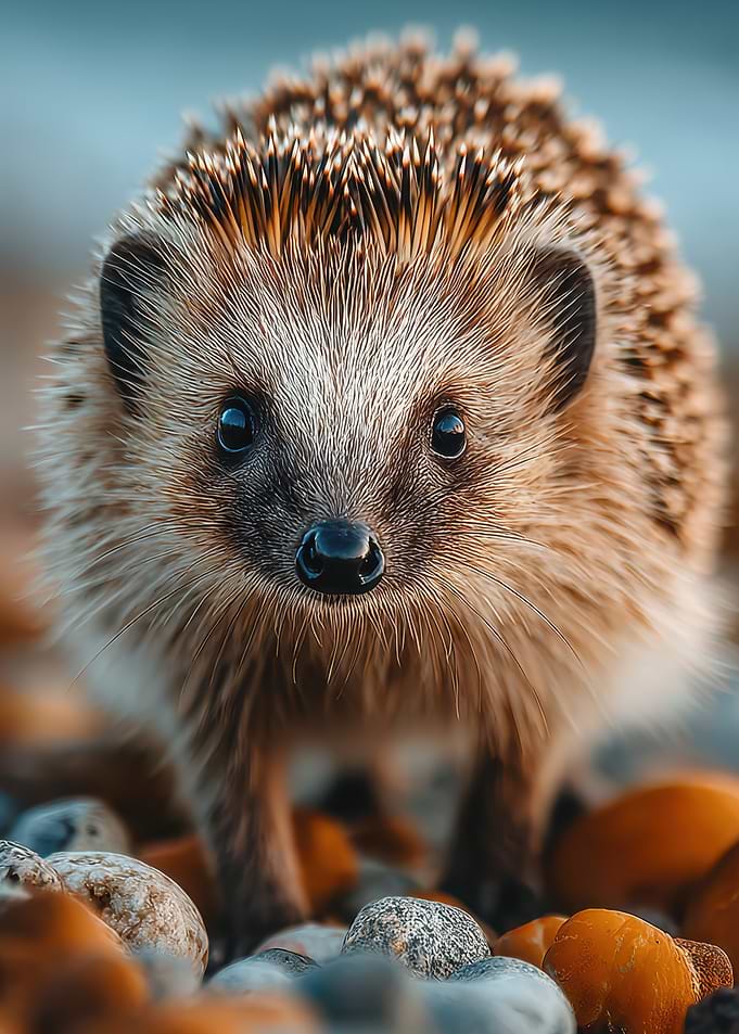 Adorable Hedgehog Portrait on Pebble Ground