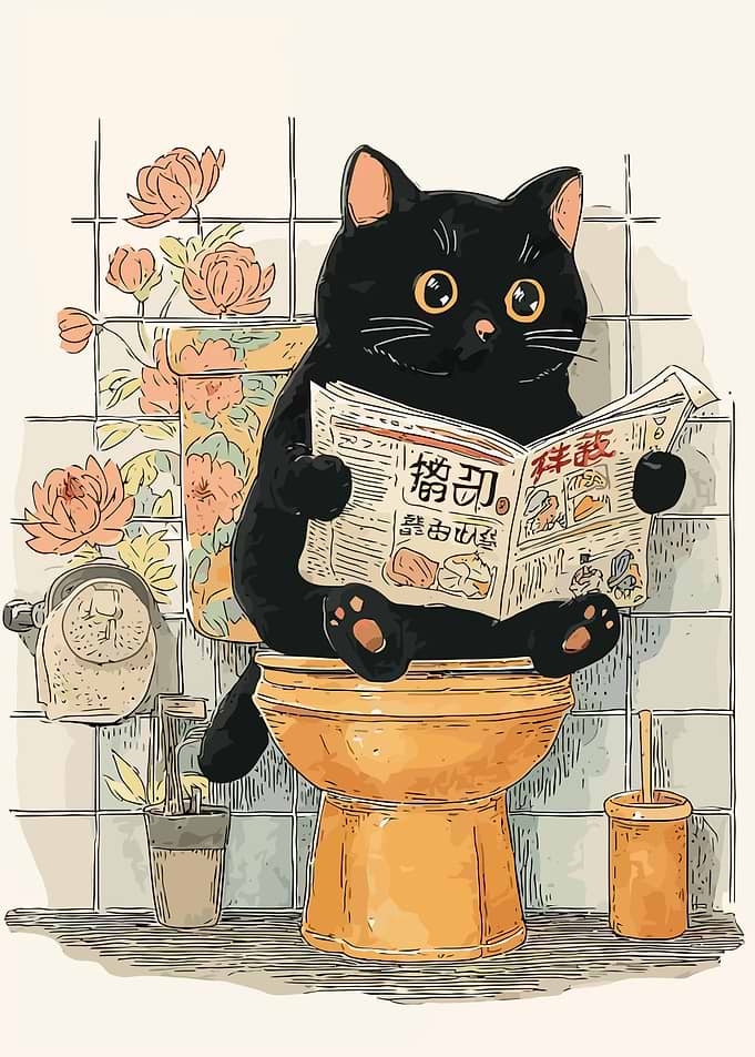 Cat Reading Newspaper on Toilet