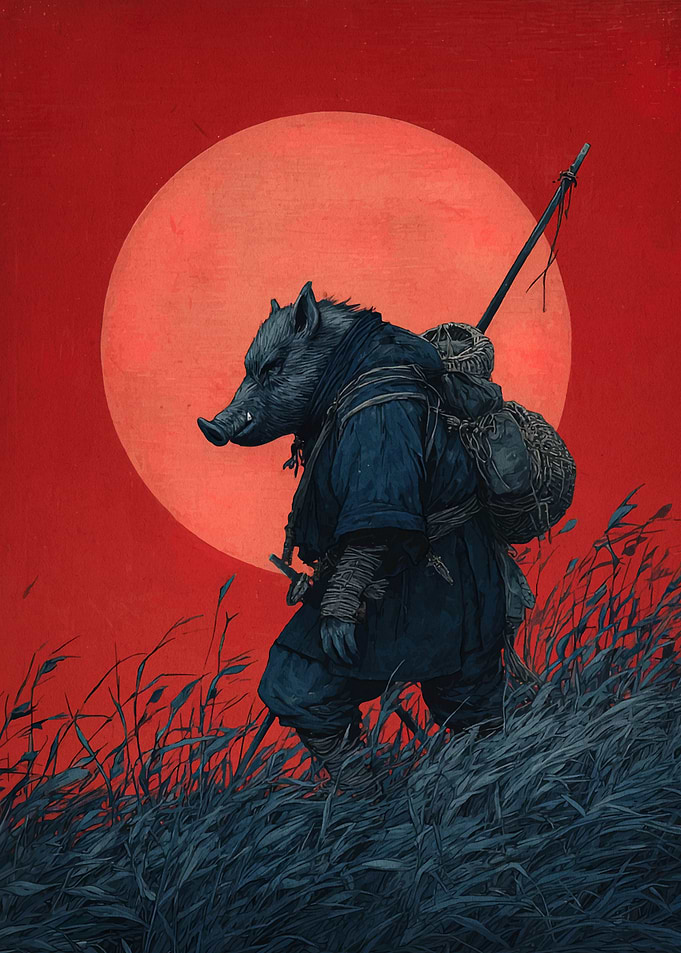Boar Warrior Under Red Moon
