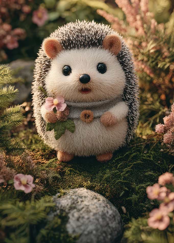 Cute Hedgehog with Flower in Garden