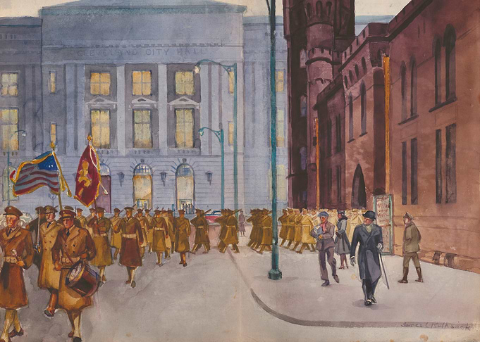 Military Parade in City Watercolor Painting
