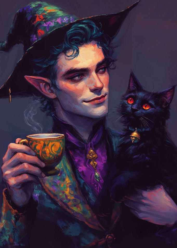 Elf Wizard with Black Cat and Tea