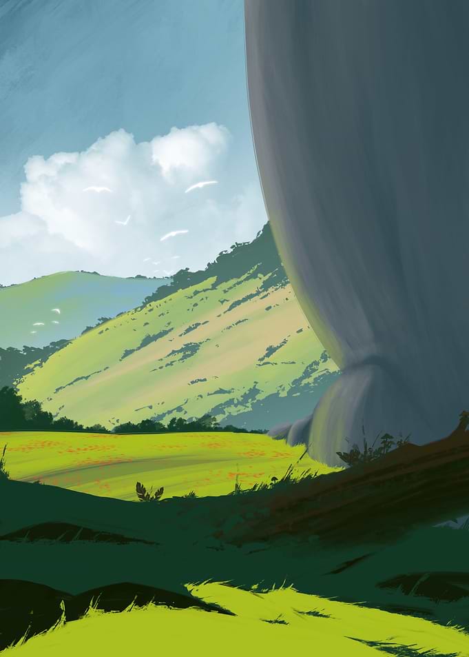 Lush Green Landscape with Rock Formation