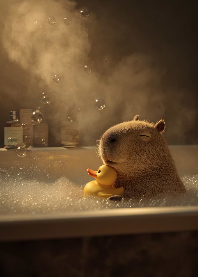 Capybara and Duck in Bubble Bath
