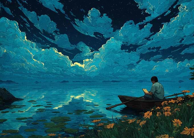 Boy Reading on Boat at Night