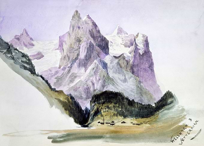 Watercolor Mountain Landscape with Village