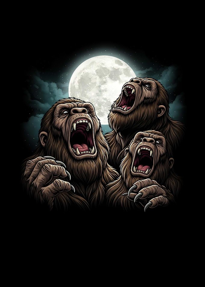 Three Howling Gorillas Under Full Moon