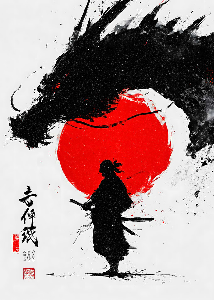 Samurai and Dragon Ink Art