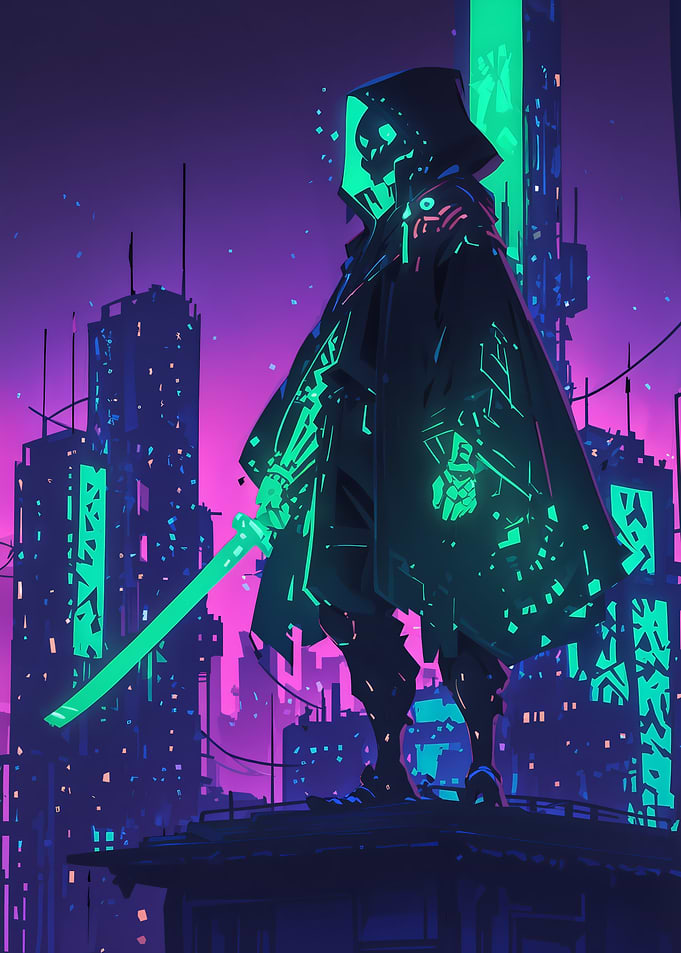 Warrior in Neon Cityscape