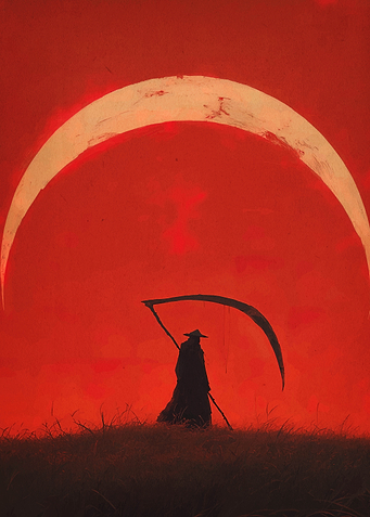 Grim Reaper Silhouette Under Crescent Moon