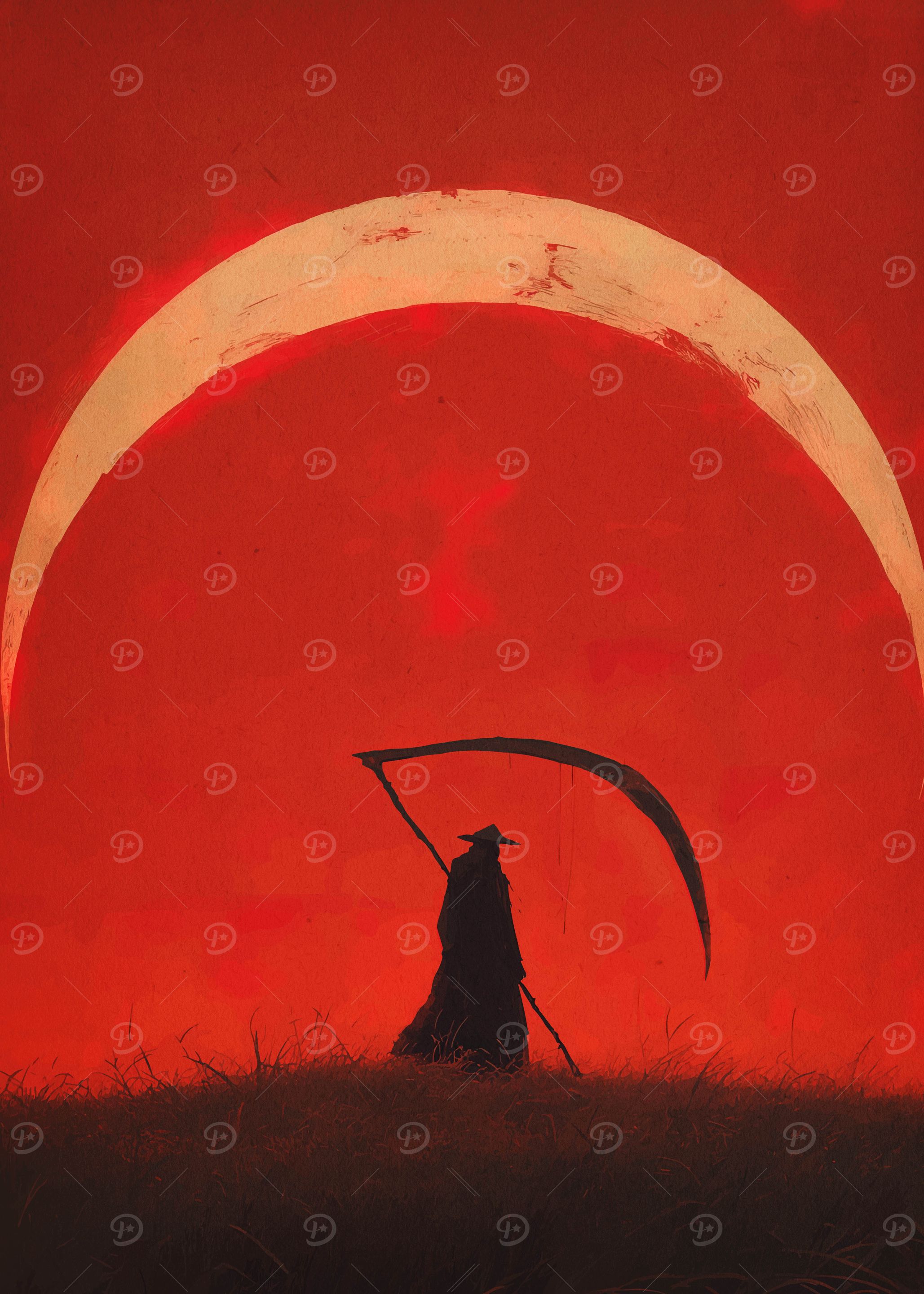 Grim Reaper Silhouette Under Crescent Moon