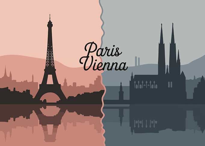Paris and Vienna Skyline Silhouette