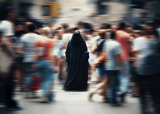 Hooded Figure in Crowded Street