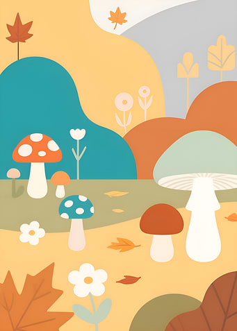 Mushroom and Autumn Leaves Illustration