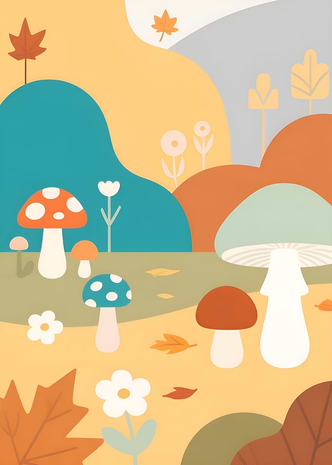 Mushroom and Autumn Leaves Illustration