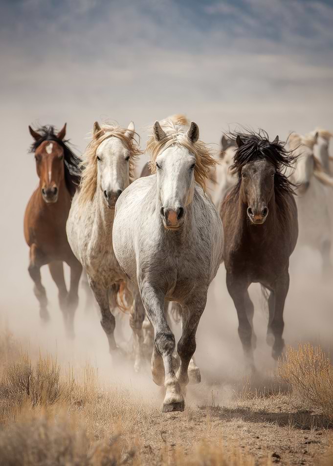 Wild Horses Running in Dusty Landscape