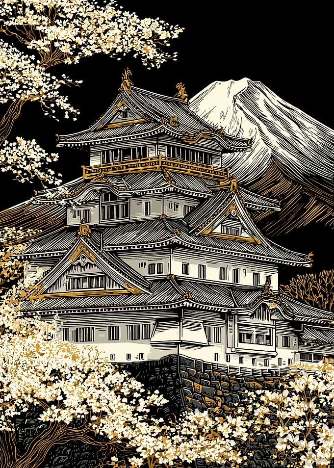 Japanese Castle with Mount Fuji