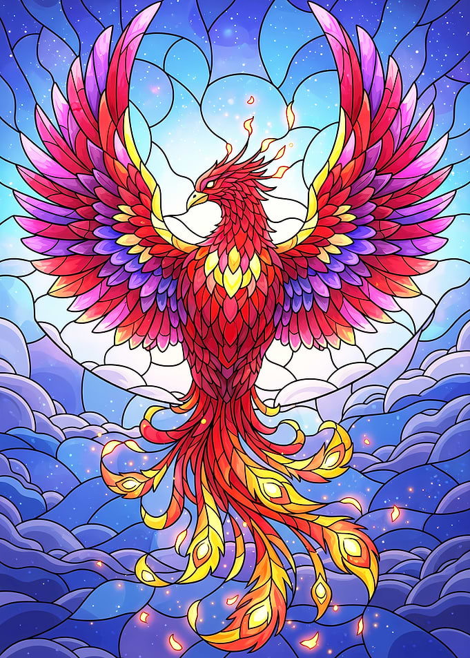 Colorful Phoenix Stained Glass Illustration