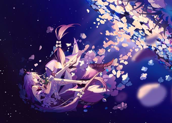 Anime Girl Falling with Cherry Blossoms