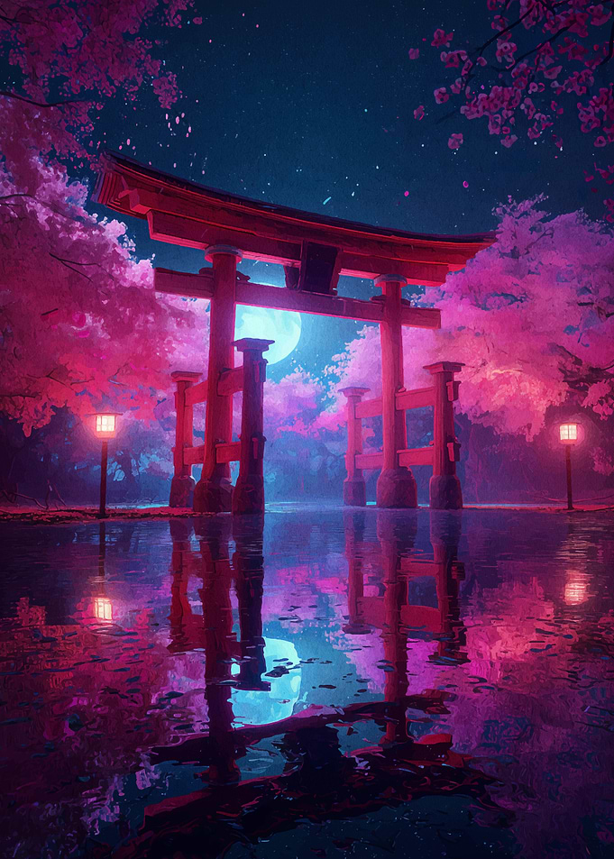 Japanese Torii Gate with Cherry Blossoms