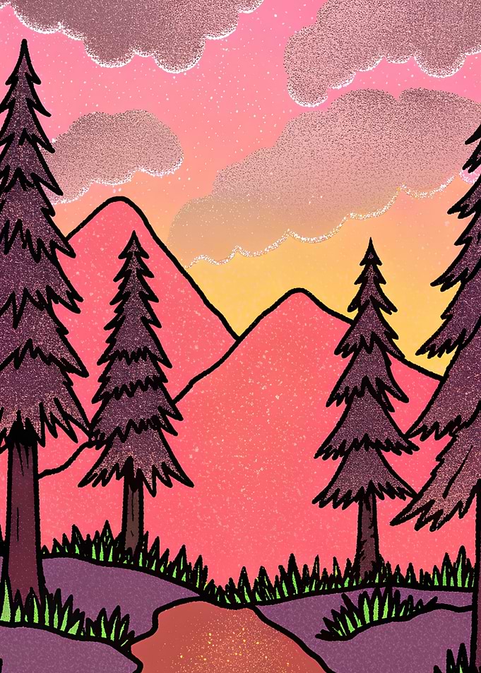 Pink Mountain Landscape with Pine Trees