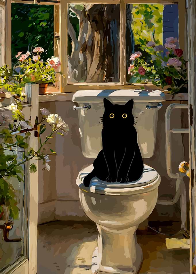 Black cat sitting on toilet