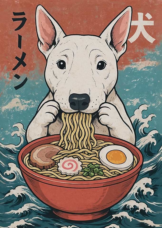 English Bull Terrier Eating Ramen