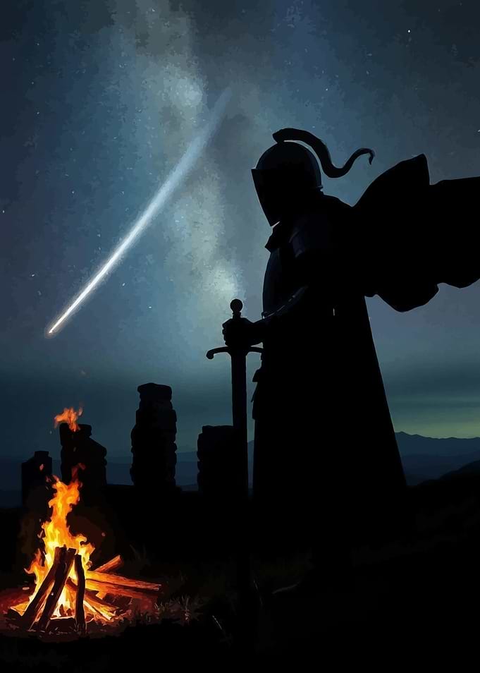 Knight by Campfire Under Shooting Star