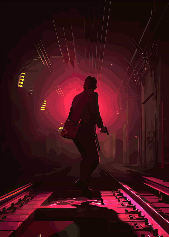 Man with Gun in Dark Tunnel