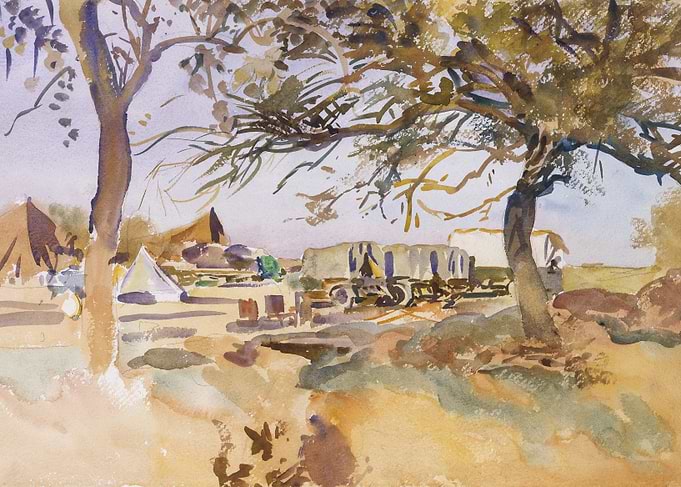 Watercolor Painting of a Military Camp