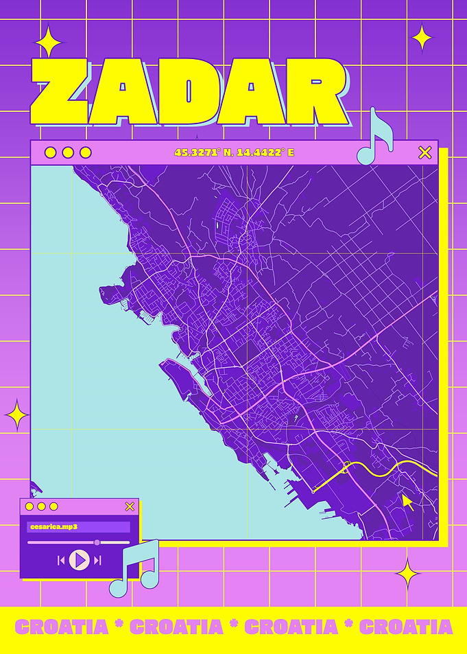 Zadar Croatia Map Retro Aesthetic