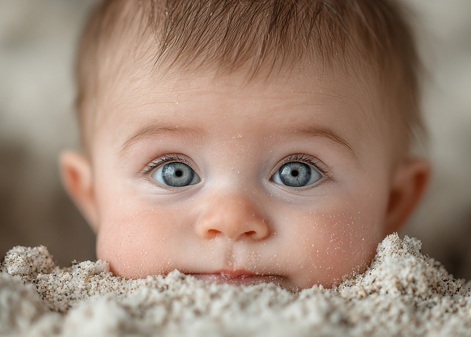 Baby face in sand close-up
