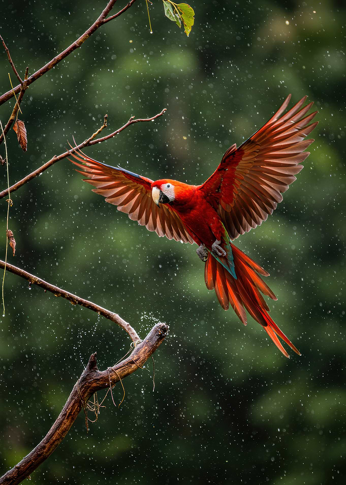 Scarlet Macaw in Flight During Rain