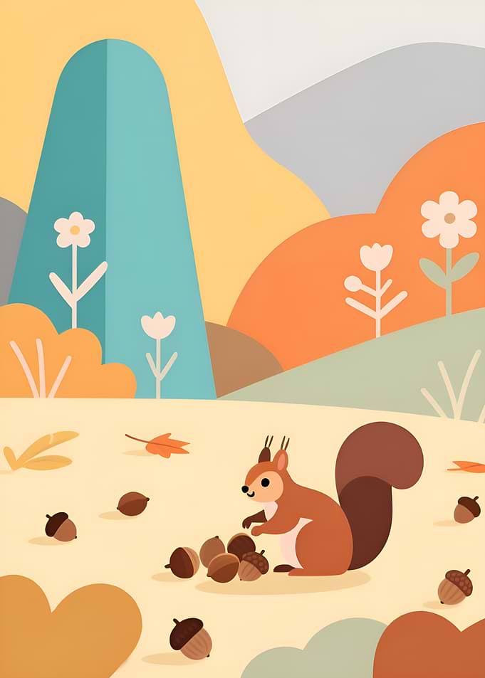 Squirrel with Acorns in Autumn Landscape