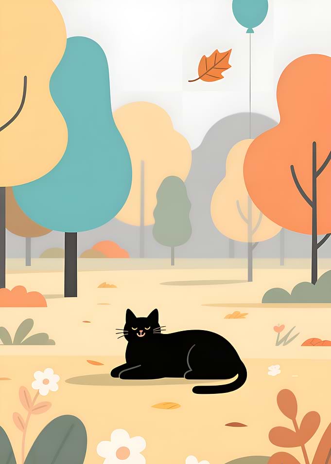 Black Cat in Autumn Park Illustration