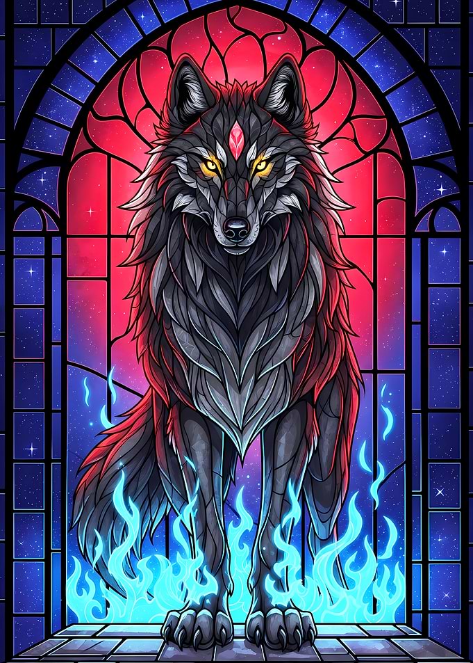 Stained Glass Wolf with Blue Flames
