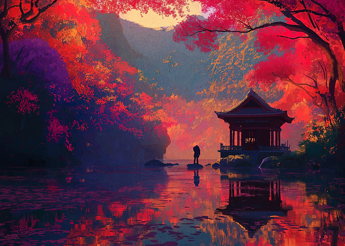 Autumnal Japanese Landscape with Temple