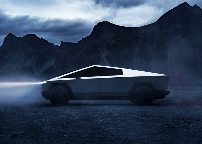 Tesla Cybertruck in a rugged landscape