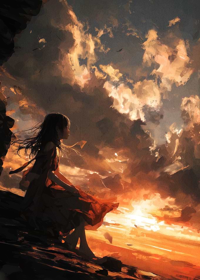 Girl on Cliff at Sunset Painting
