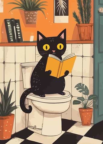 Cat Reading on Toilet Illustration
